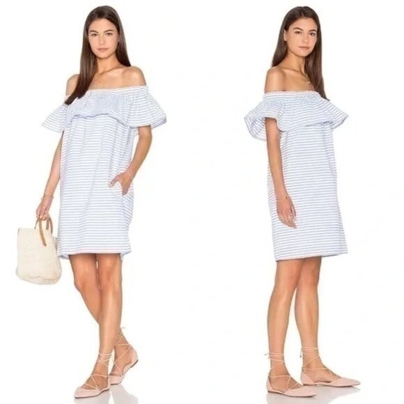 REVOLVE NWT Line & Dot Blue Stripe Lea Dress Off The Shoulder Ruffle Size XS - Picture 1 of 13